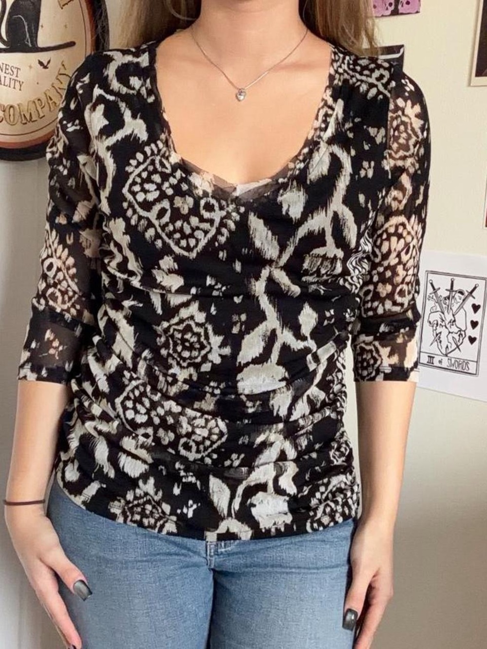 INC International Concepts Black & Cream Floral-Print V-Neck Blouse